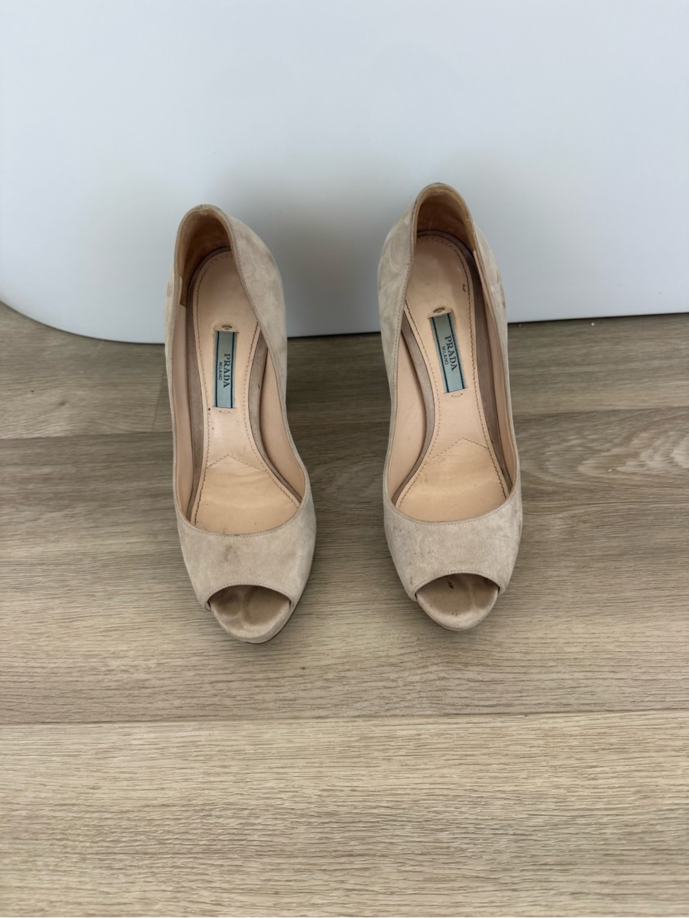 Prada Nude Suede Peep-Toe Pumps
